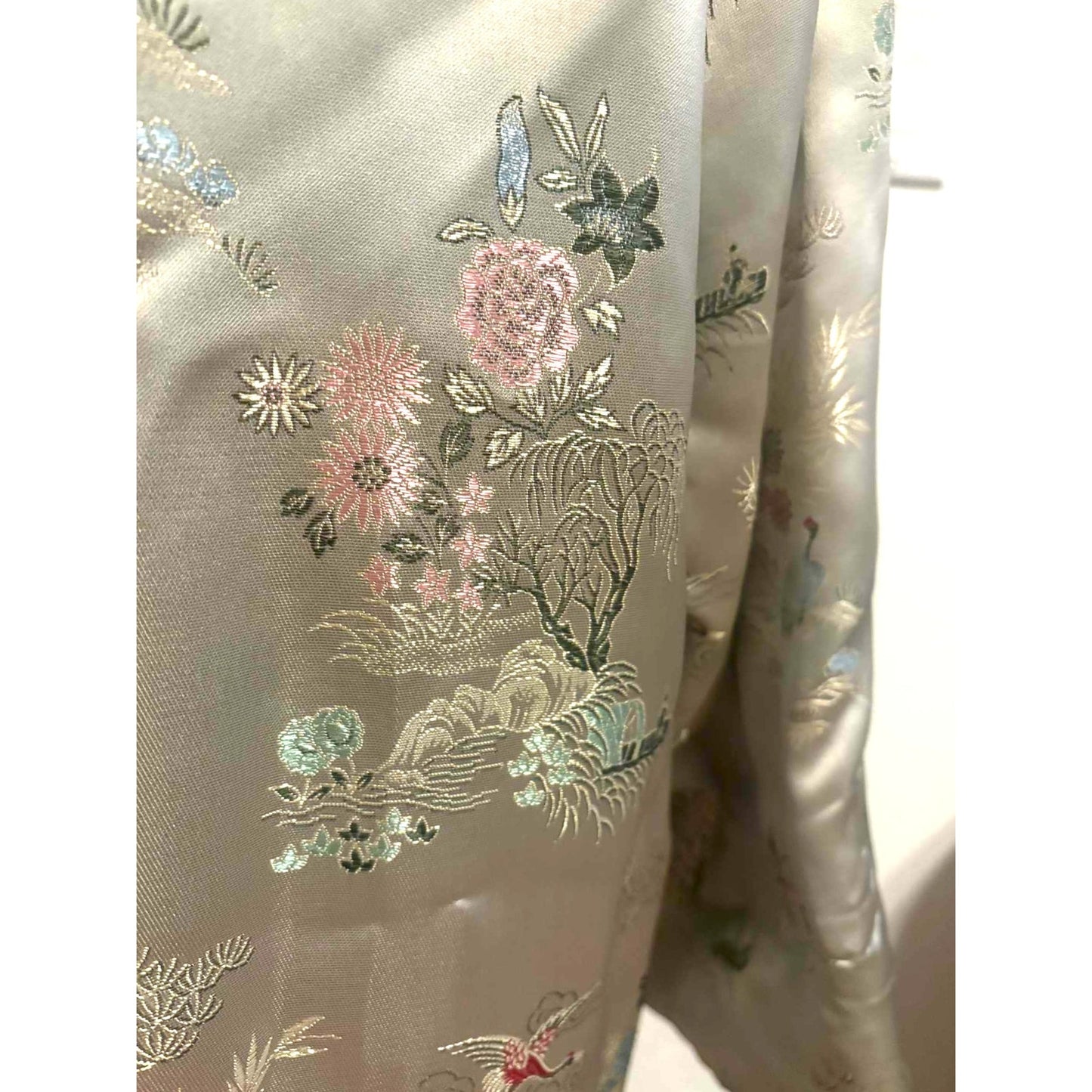 Vtg Gold Asian Satin Brocade Long Cheongsam Robe Jacket Embroidered Floral Sz XL