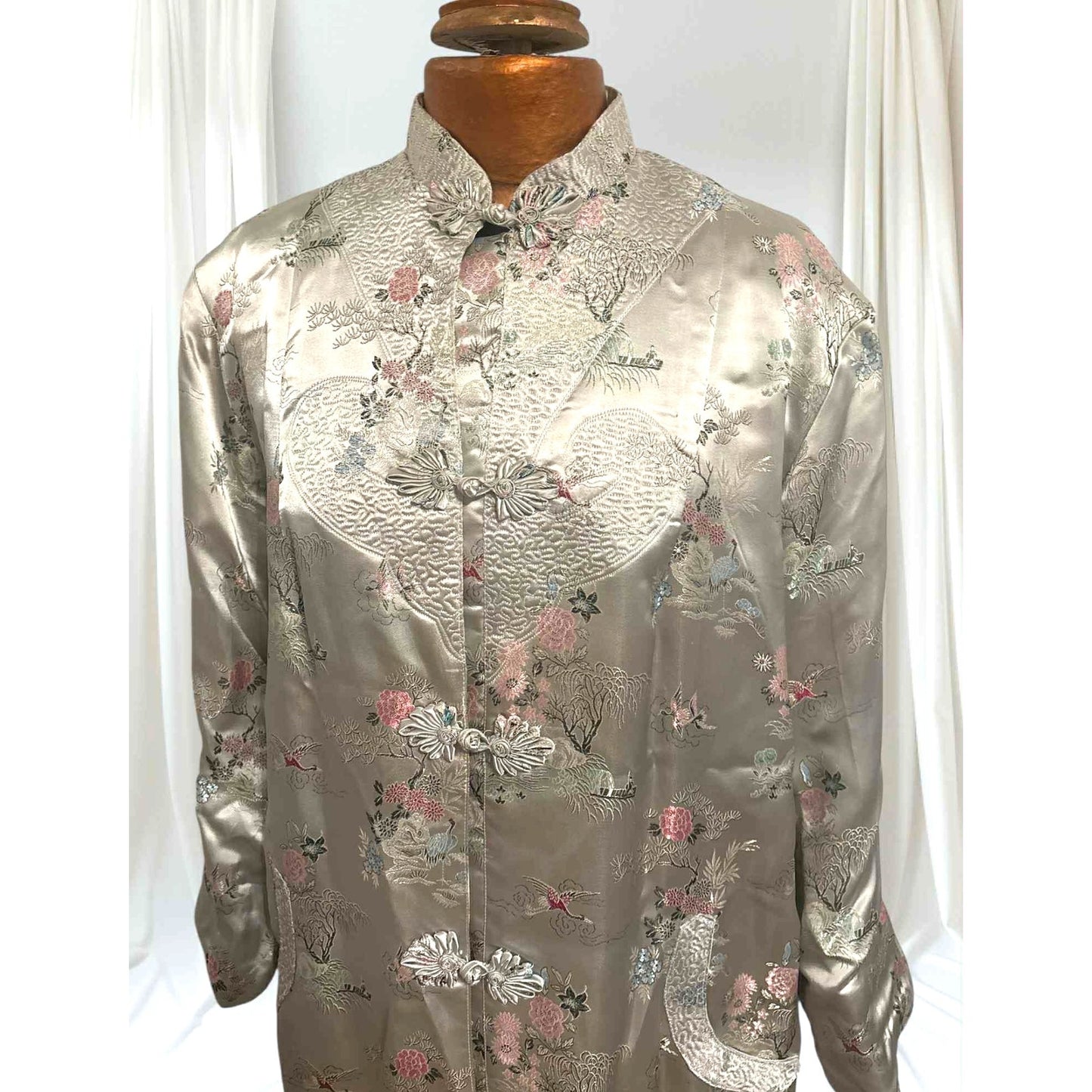 Vtg Gold Asian Satin Brocade Long Cheongsam Robe Jacket Embroidered Floral Sz XL