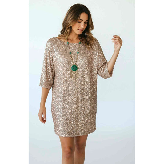 ONLY ONE!!! Rachel Zoe $395 Gold Sequin Shift Dress Size L 3/4 Sleeve Party / Cocktail Dress