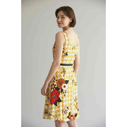 ModCloth Yellow Houndstooth Floral Fit & Flare Dress Size XS