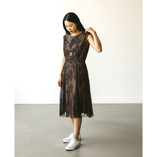 ONLY ONE!!! Vintage 1950s Black Flocked Tulle Cocktail Dress ~ Size S/M