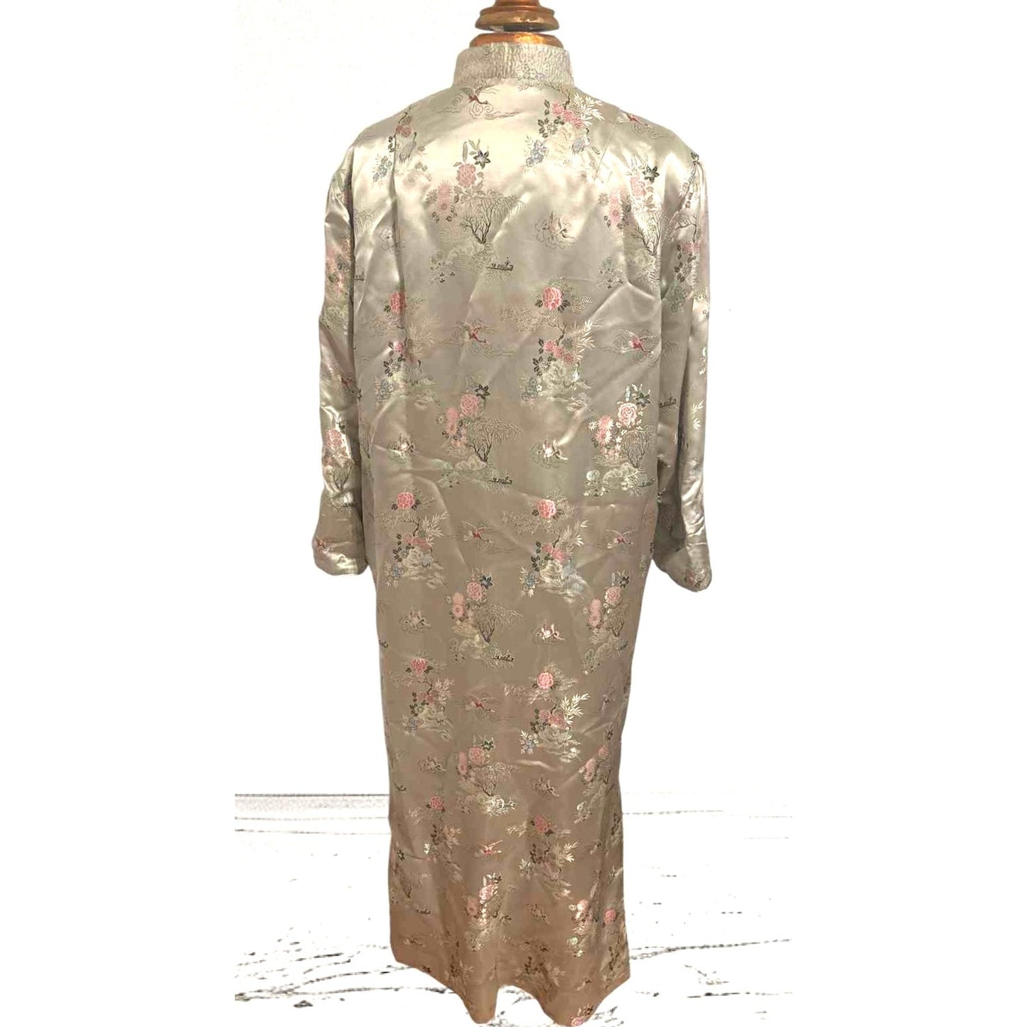 Vtg Gold Asian Satin Brocade Long Cheongsam Robe Jacket Embroidered Floral Sz XL