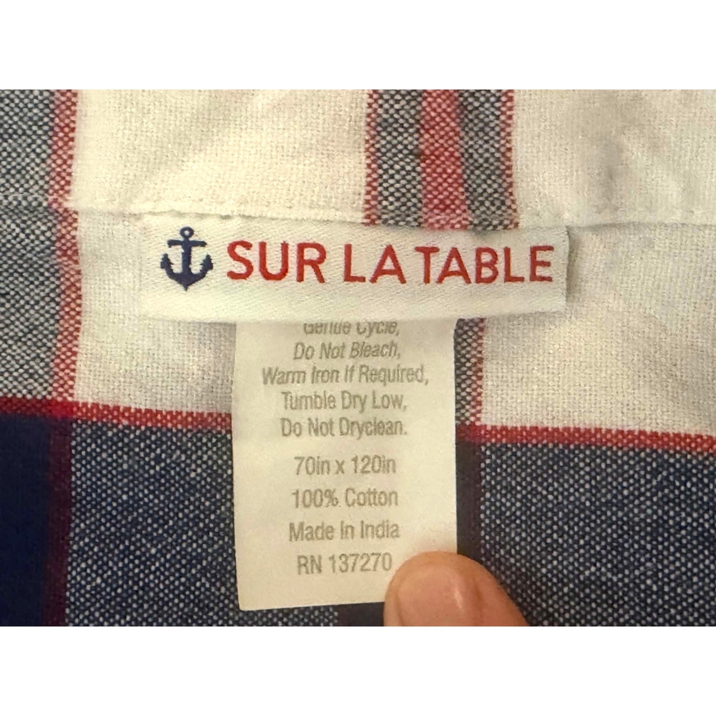 Sur La Table Oversized Red White Blue Plaid Cotton Tablecloth 67x180