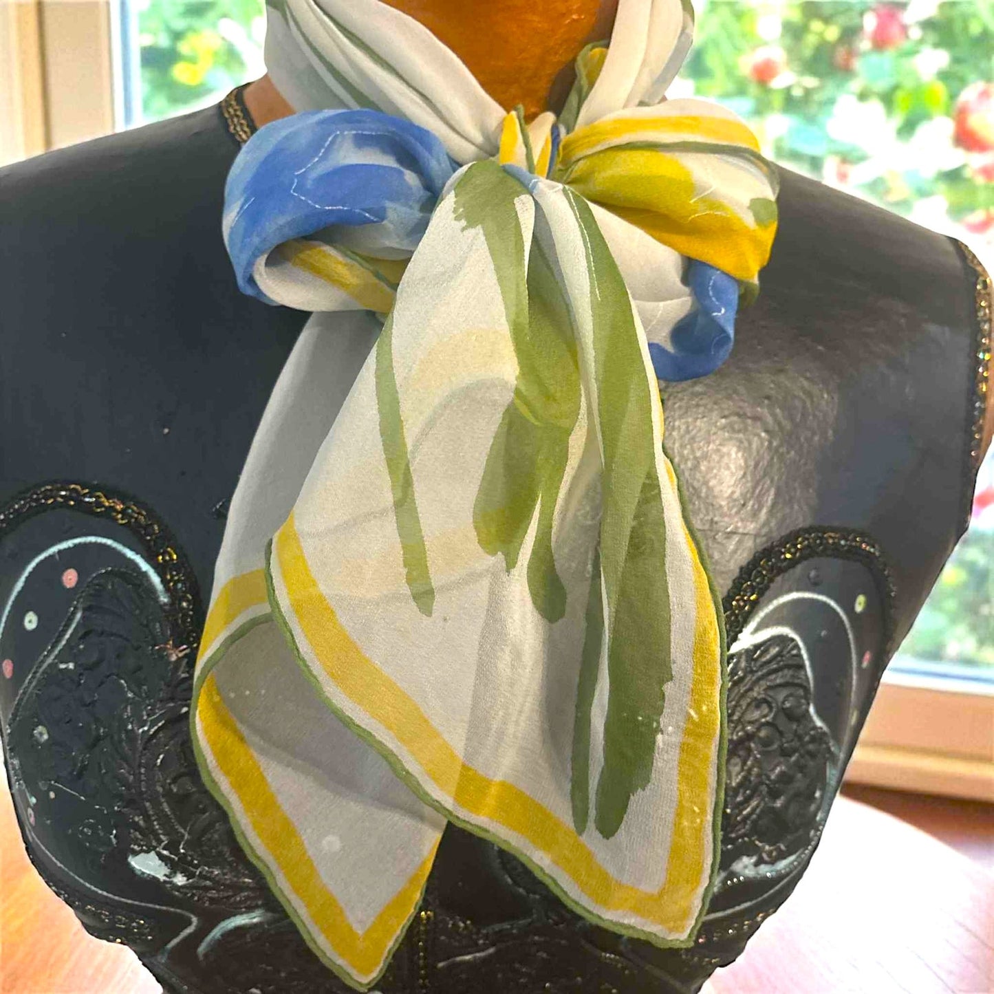 Vintage Vera Neumann Silk Chiffon Scarf Blue Floral Hand Rolled Japan Designer