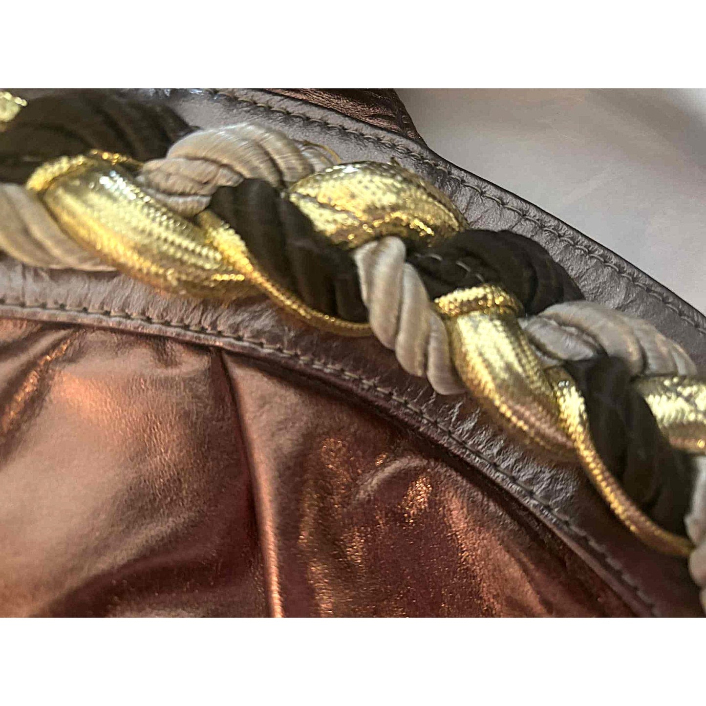 Vintage Genuine Leather Braided Shoulder Bag Metallic Bronze Brown Made in USA