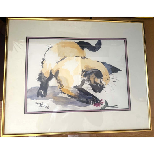 Vintage 1993 Signed & Framed Watercolor Siamese Cat Painting Sarah Phillips