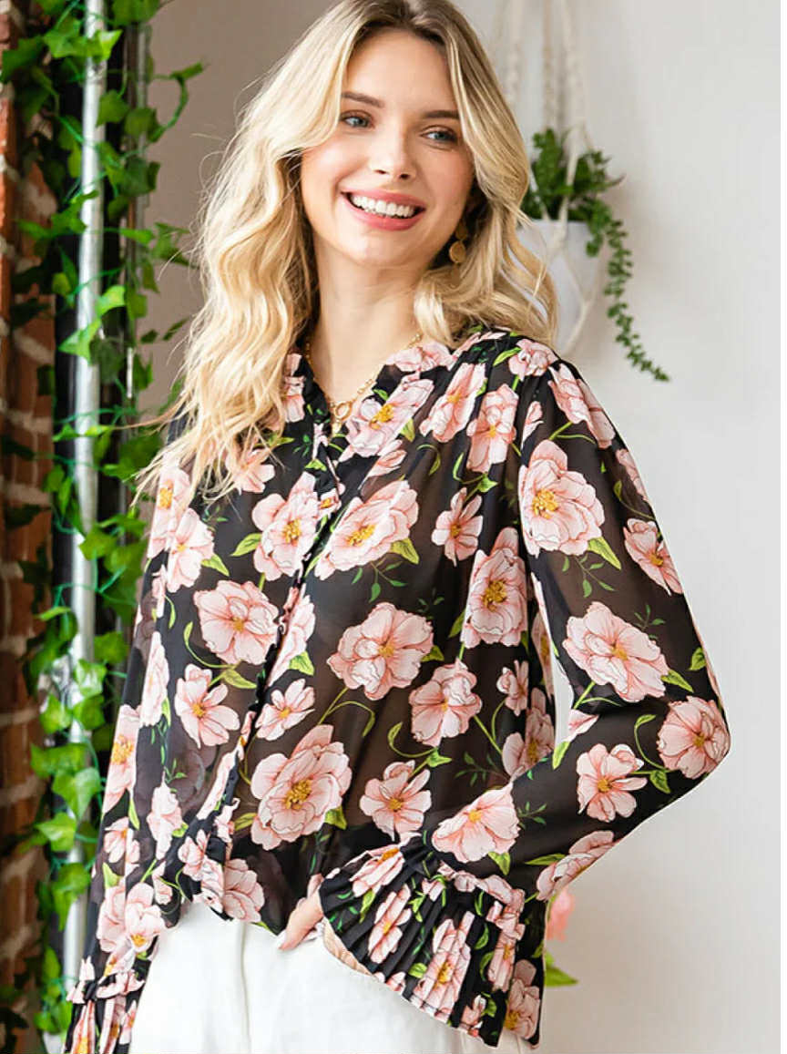 Black Floral Chiffon Blouse – Pleated Cuff Long Sleeve, First Love