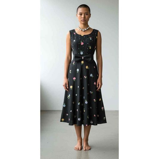 Only One!!! Vintage 1950s Handmade Black Dress Colorful Embroidered Size M