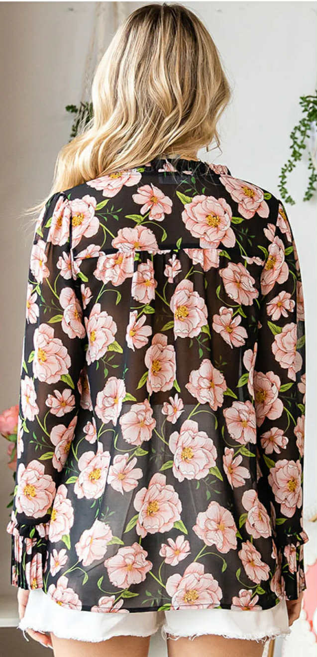 Black Floral Chiffon Blouse – Pleated Cuff Long Sleeve, First Love