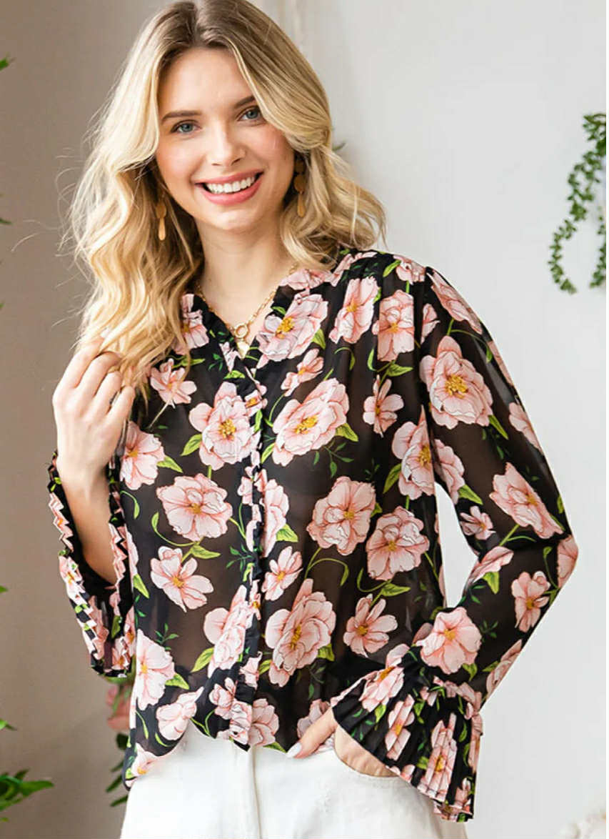 Black Floral Chiffon Blouse – Pleated Cuff Long Sleeve, First Love