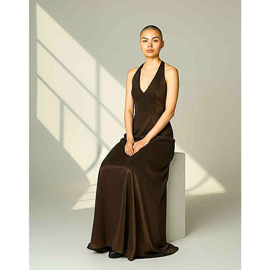 ONLY ONE!!! Vintage Scott McClintock Bronze Satin Halter Evening Gown Maxi Dress Size 10 USA