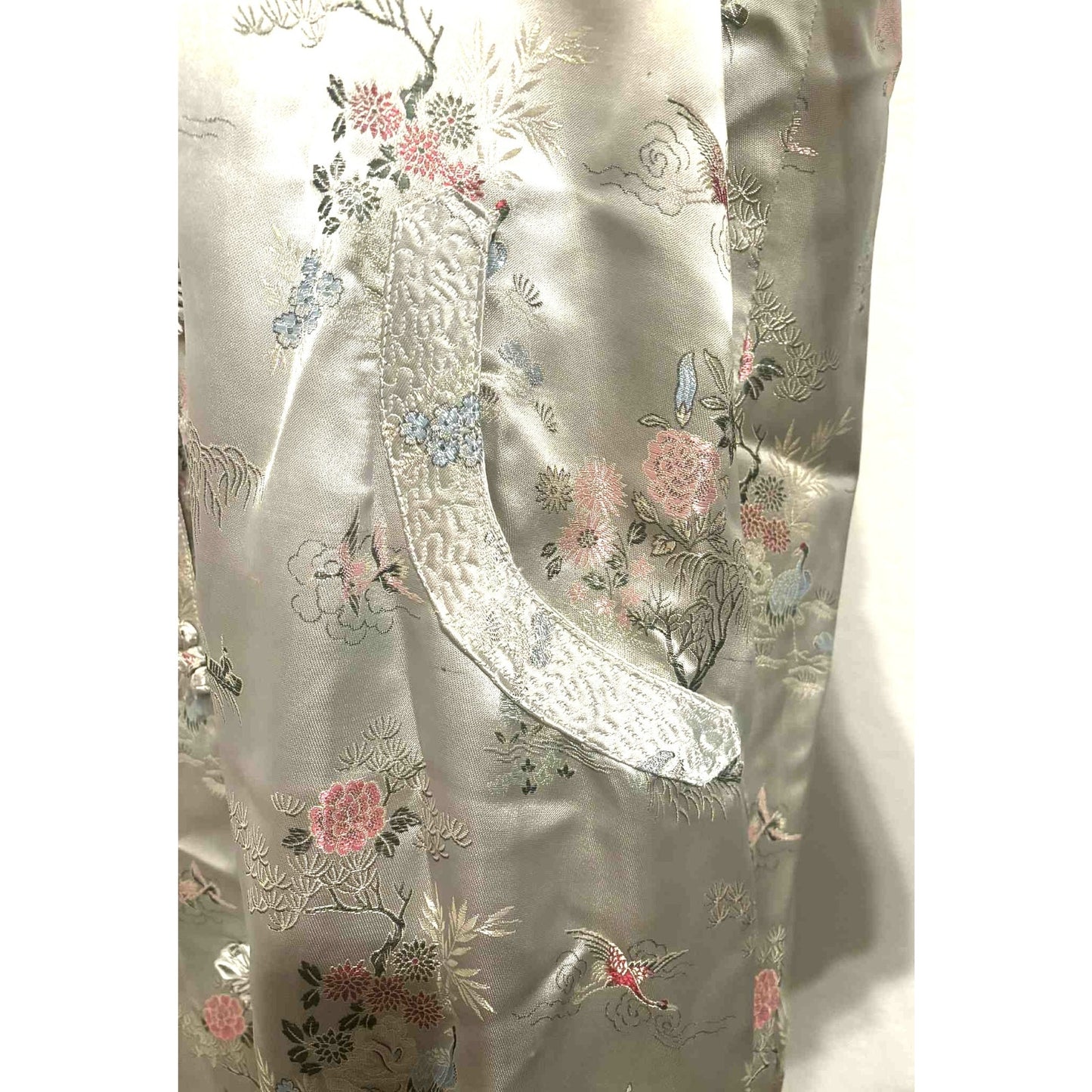 Vtg Gold Asian Satin Brocade Long Cheongsam Robe Jacket Embroidered Floral Sz XL
