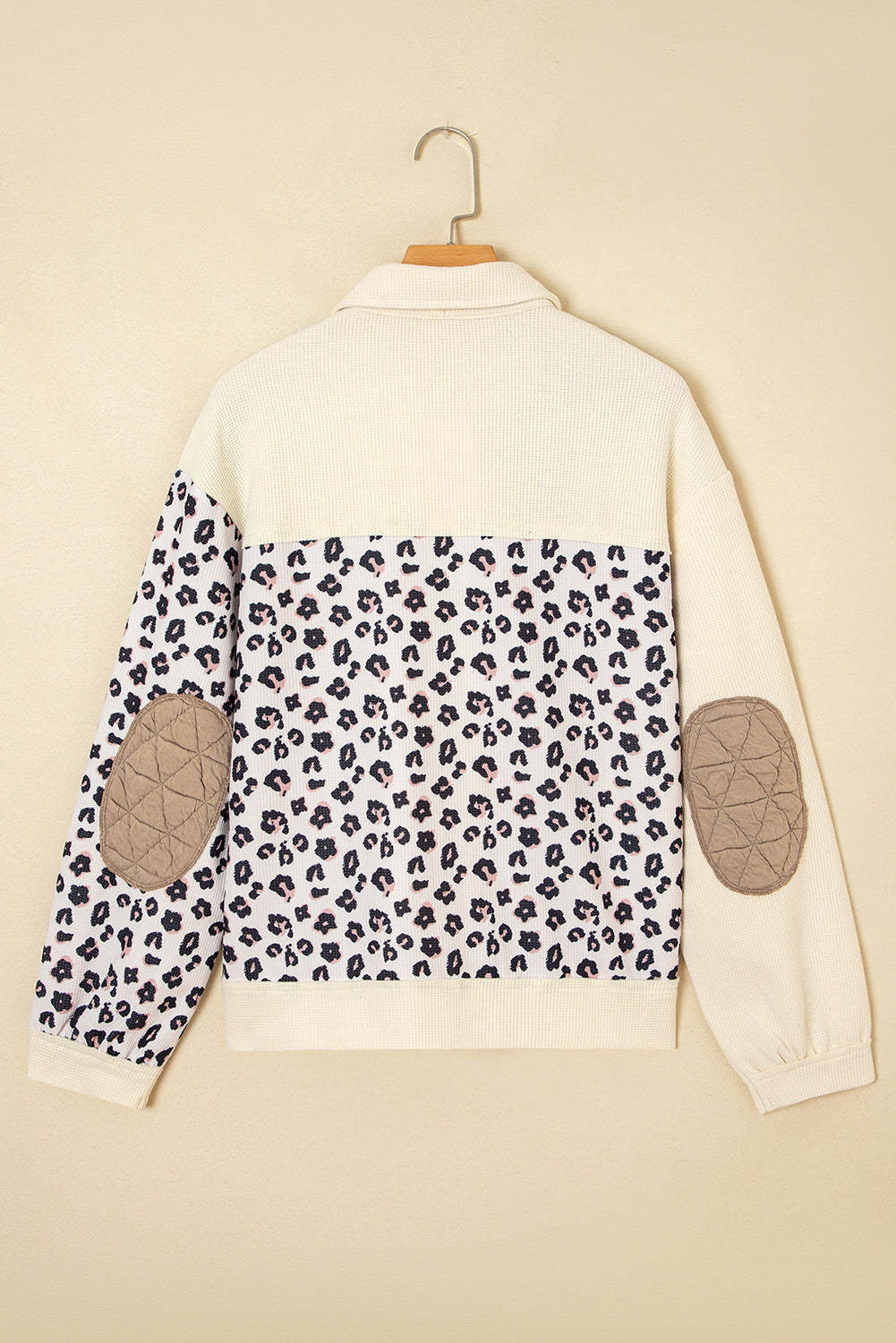 Khaki Leopard Waffle Quilted Patchwork Button-Front Jacket – Cotton Blend