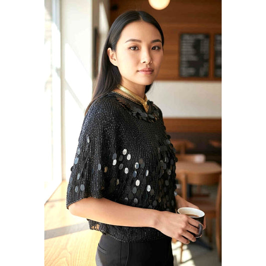 ONLY ONE!!! Vintage Oleg Cassini Black Sequin Beaded Silk Top ~ Size M/L