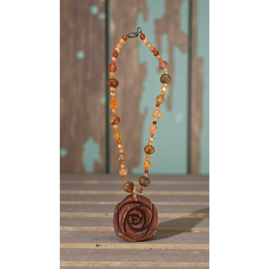Carved Jasper Rose Pendant Necklace | Artisan Gemstone Statement
