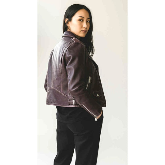 ONLY ONE!!! Amaryllis Distressed 100% Leather Moto Deep Jacket Purple Asymmetric Zip ~ Size S