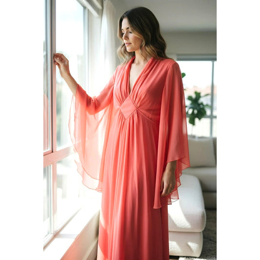 Vintage 70s Coral Goddess Maxi Dress with Chiffon Sleeves