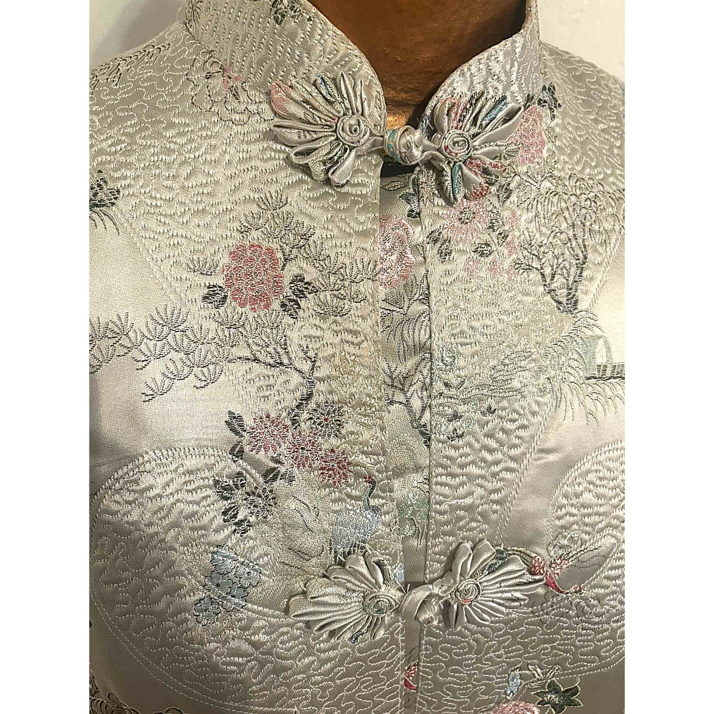 Vtg Gold Asian Satin Brocade Long Cheongsam Robe Jacket Embroidered Floral Sz XL