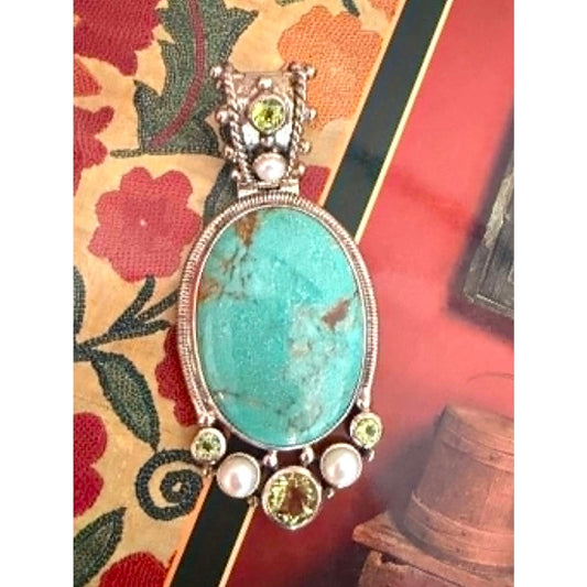 Sterling Silver Turquoise, Pearl & Peridot Artisan Pendant – Thailand