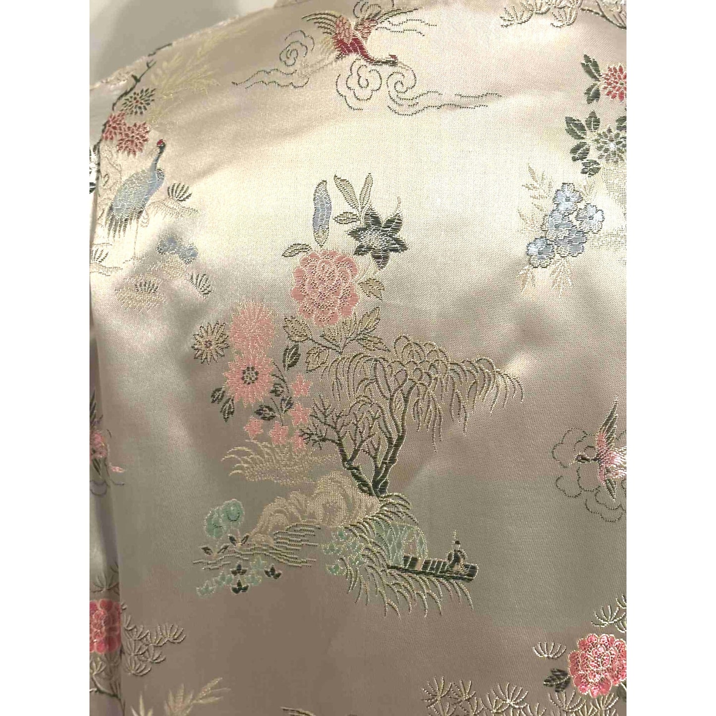 Vtg Gold Asian Satin Brocade Long Cheongsam Robe Jacket Embroidered Floral Sz XL