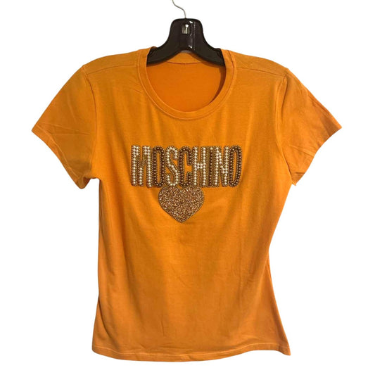 ONLY ONE!!! Moschino Rare Orange Rhinestone Logo Heart Designer T-Shirt Size M