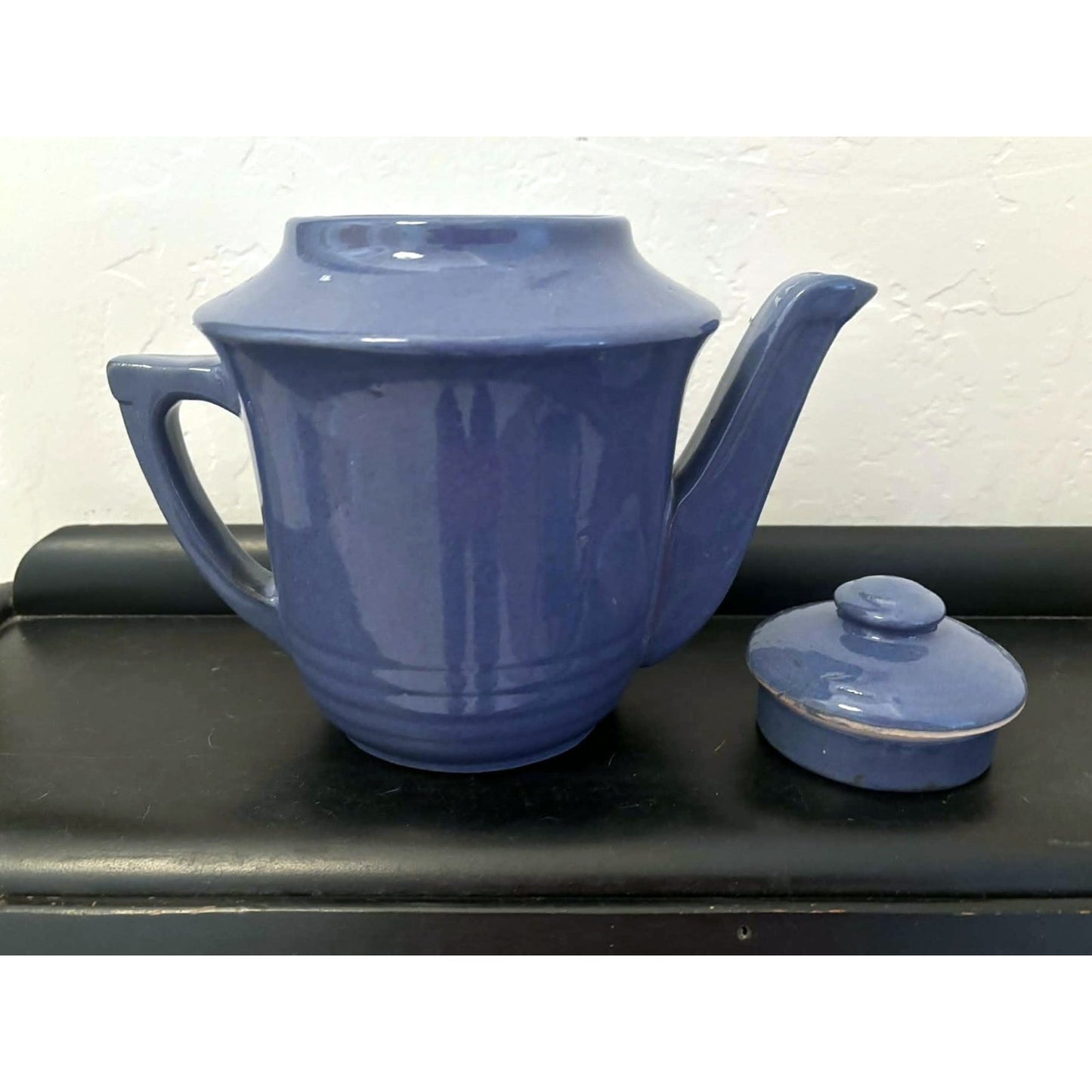 ONLY ONE!!! Vintage Blue Ceramic Teapot With Lid Art Deco Style Mid Century 8.5”