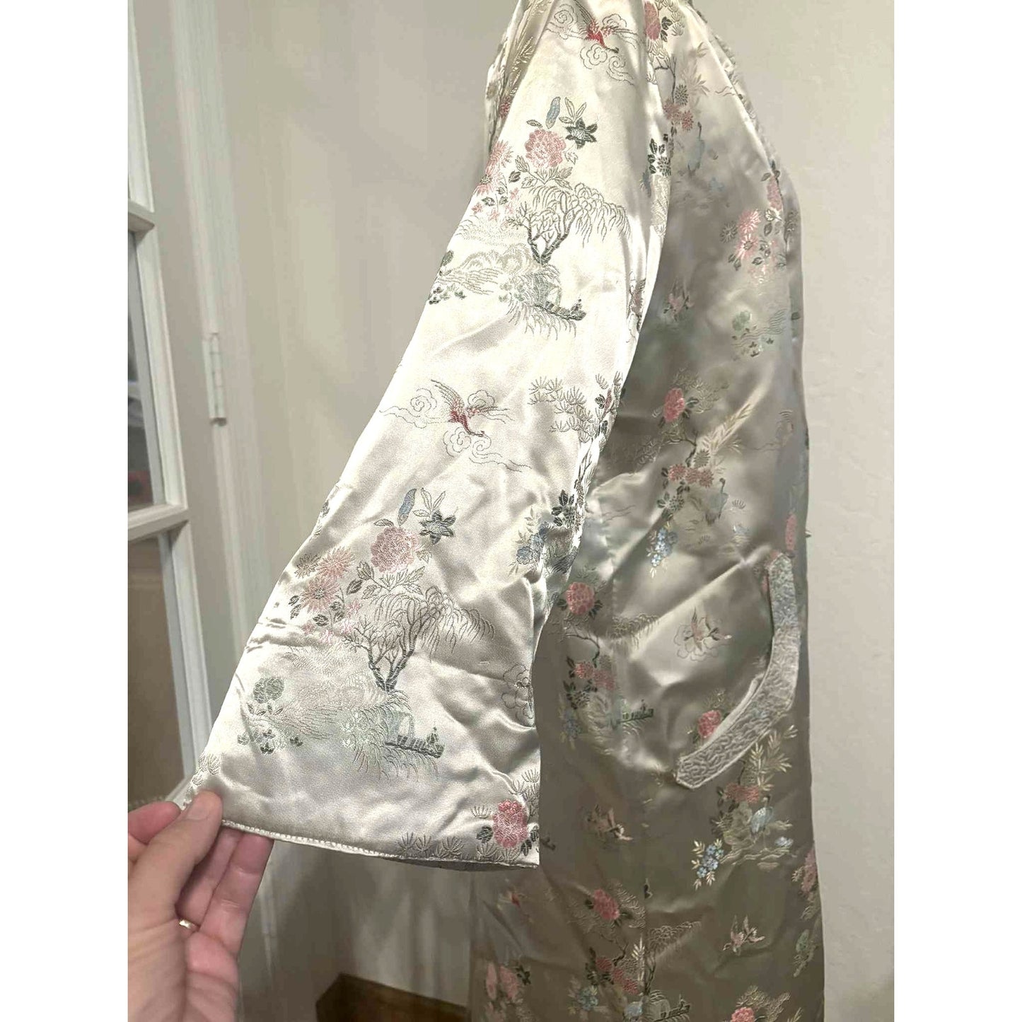 Vtg Gold Asian Satin Brocade Long Cheongsam Robe Jacket Embroidered Floral Sz XL