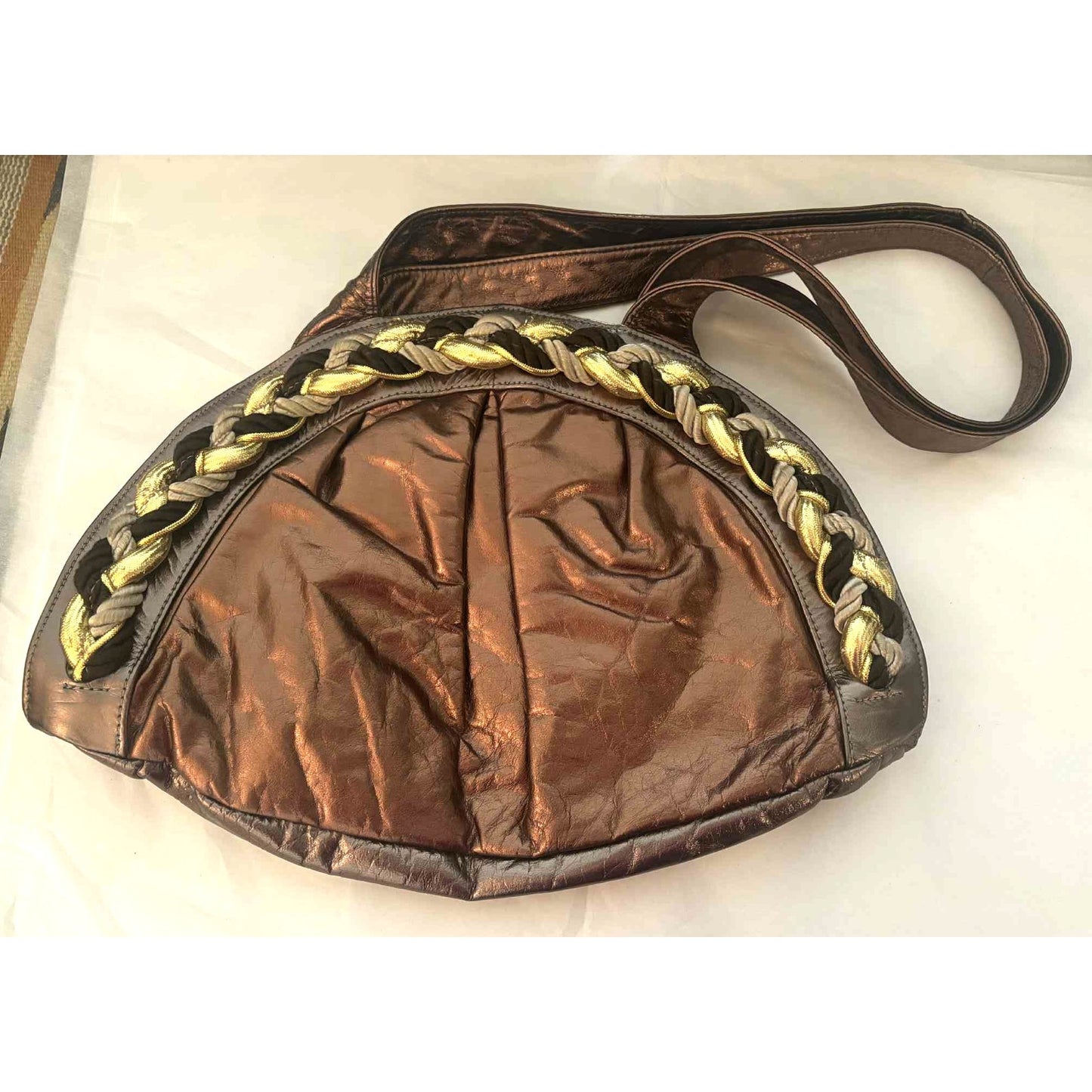 Vintage Genuine Leather Braided Shoulder Bag Metallic Bronze Brown Made in USA
