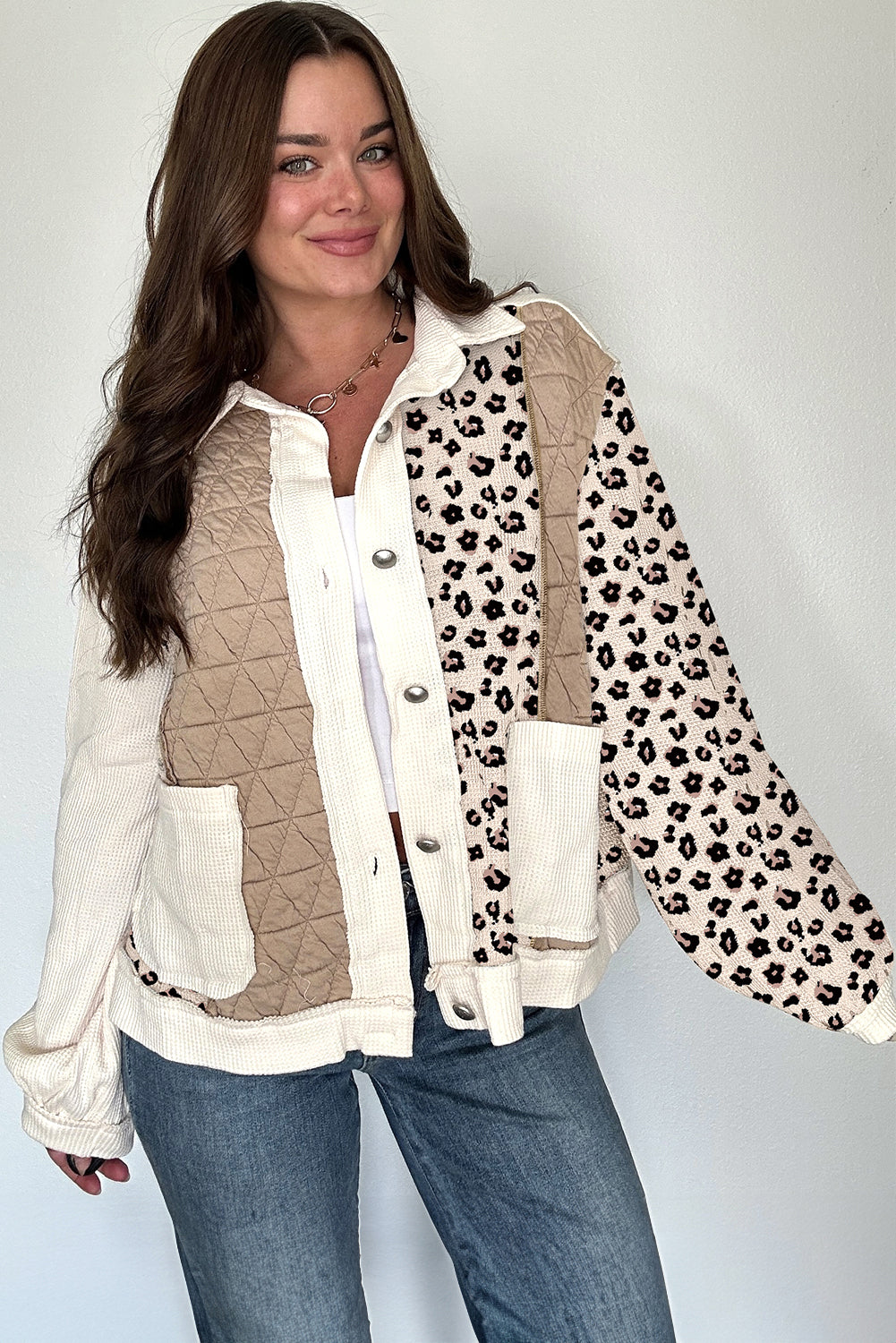 Khaki Leopard Waffle Quilted Patchwork Button-Front Jacket – Cotton Blend