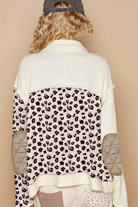 Khaki Leopard Waffle Quilted Patchwork Button-Front Jacket – Cotton Blend