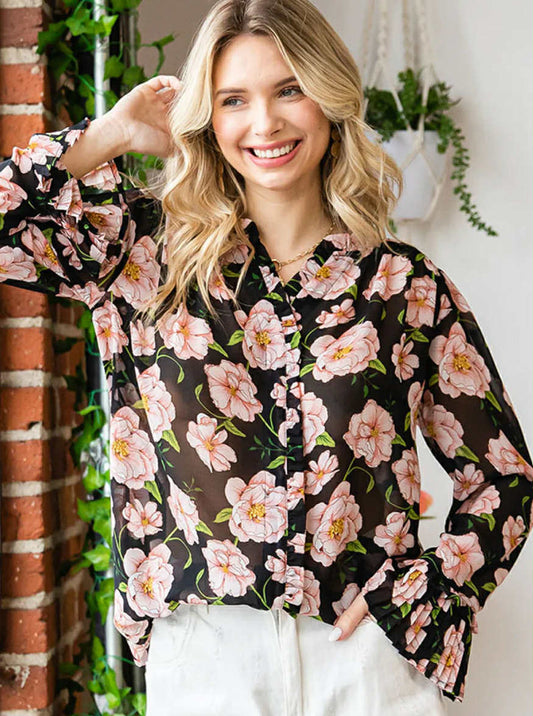 Black Floral Chiffon Blouse – Pleated Cuff Long Sleeve, First Love