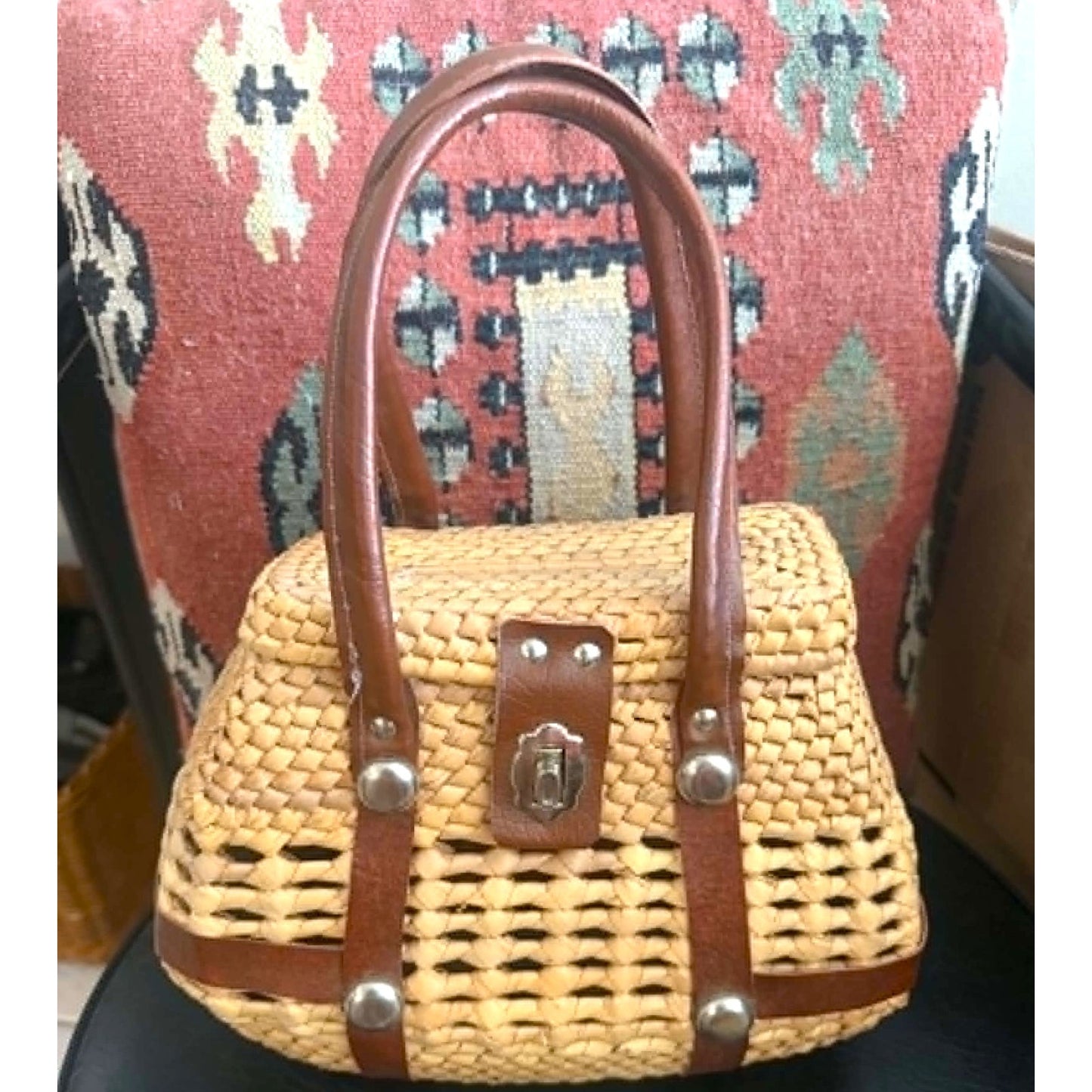 Vintage 70s Straw Satchel Bag with Leather Handles & Turn Lock Closure