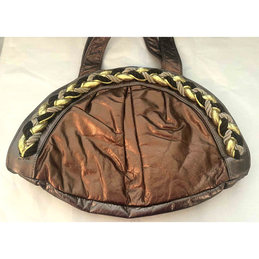 Vintage Genuine Leather Braided Shoulder Bag Metallic Bronze Brown Made in USA