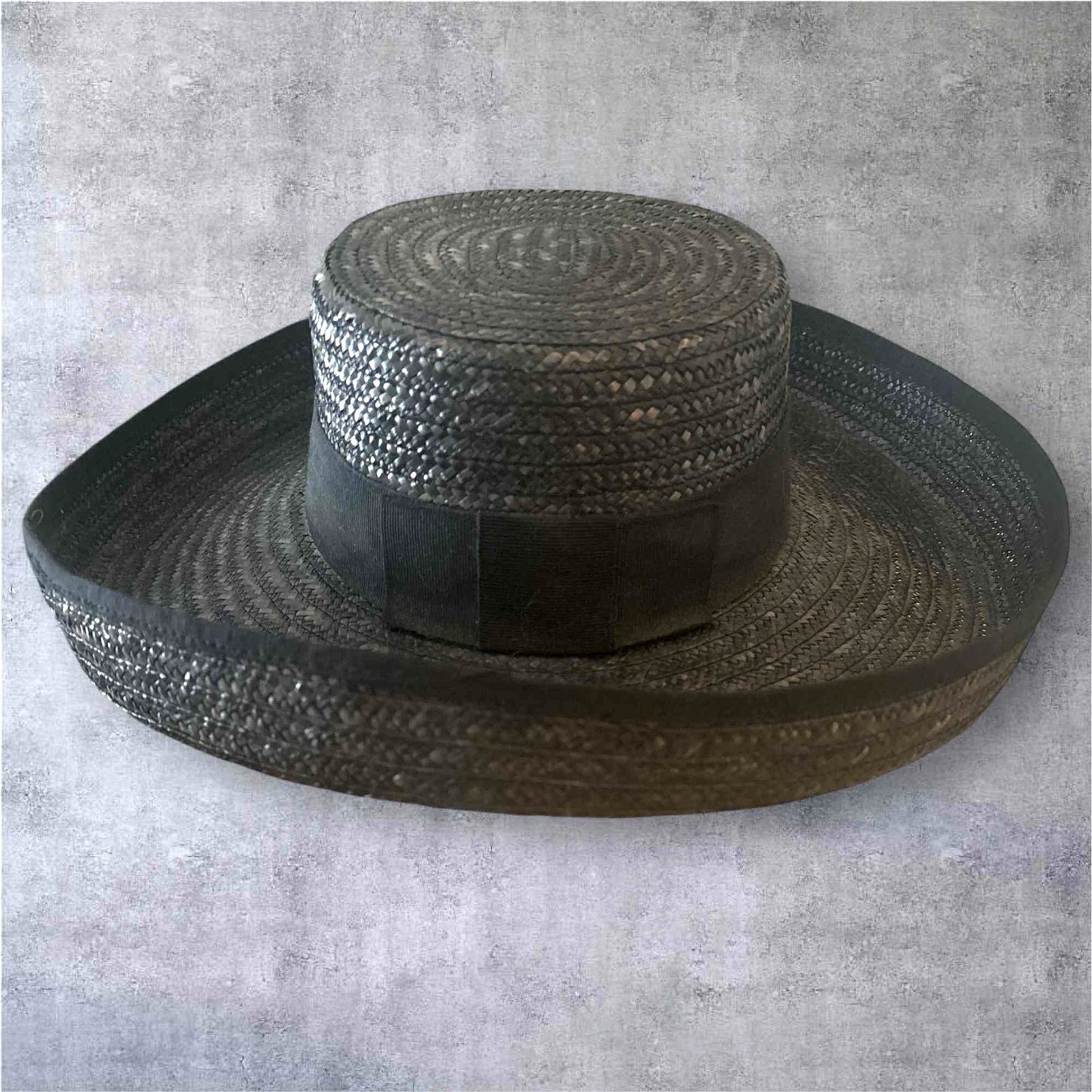 Vintage Bloomingdale 100% Black Straw Hat Wide Rim Audrey Hepburn Made ITALY!!!