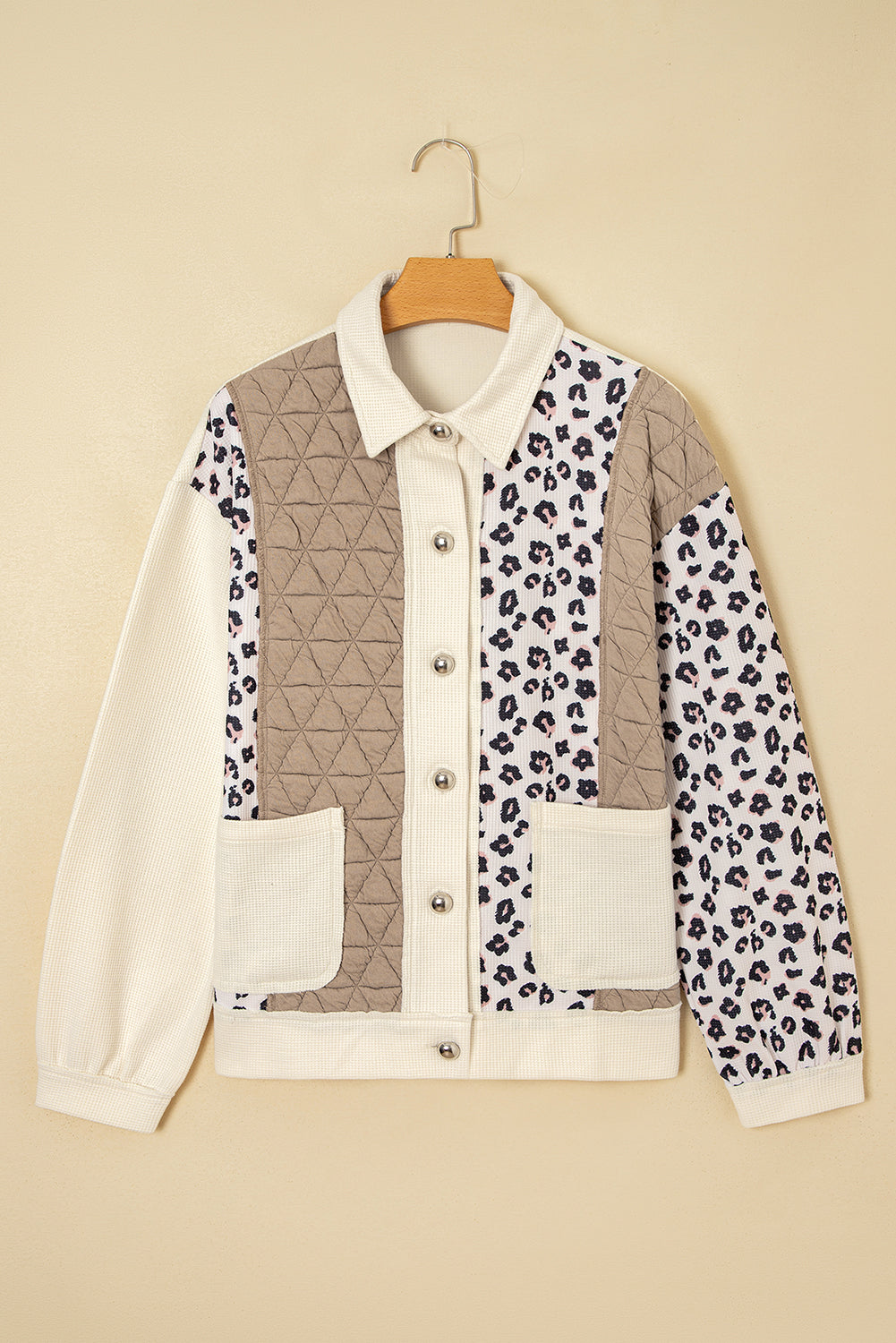 Khaki Leopard Waffle Quilted Patchwork Button-Front Jacket – Cotton Blend