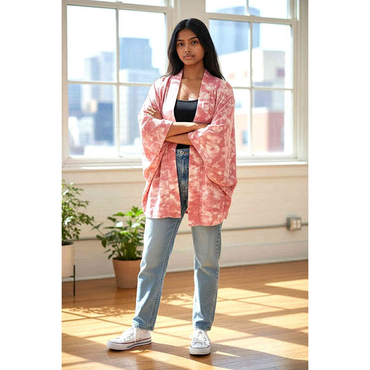 ONLY ONE!!! Vintage Authentic Japanese Pink Silk Kimono Haori – Wide Sleeves – One Size