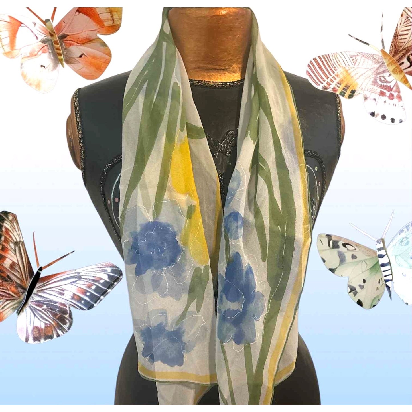 Vintage Vera Neumann Silk Chiffon Scarf Blue Floral Hand Rolled Japan Designer
