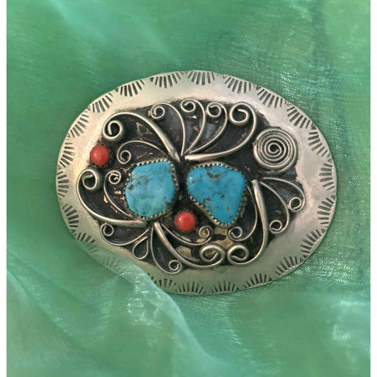 ONLY ONE!!! Vintage Navajo Sterling Silver Turquoise & Coral Oval Belt Buckle Southwest EUC