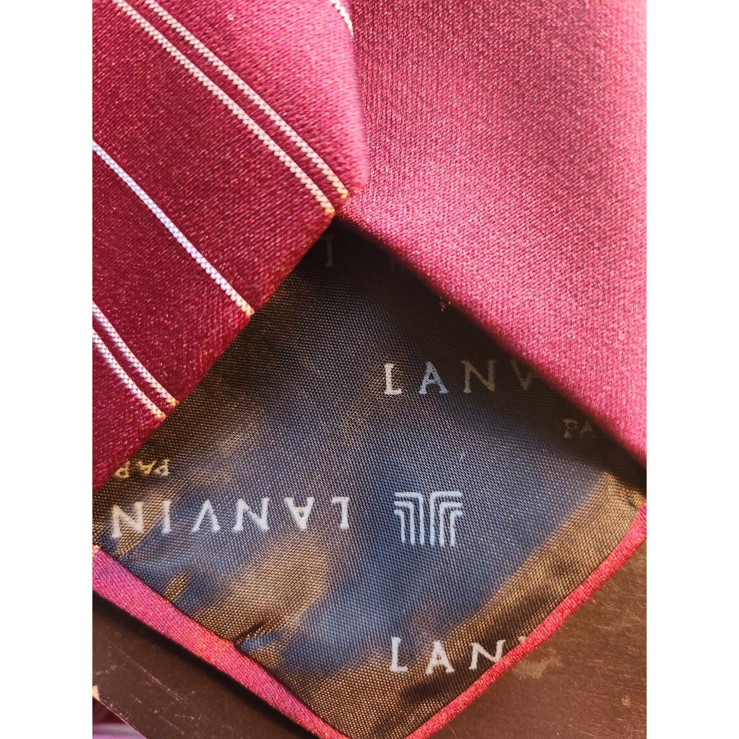 Men's LANVIN Paris Deep Red Repp Yellow White Stripe Silk Tie