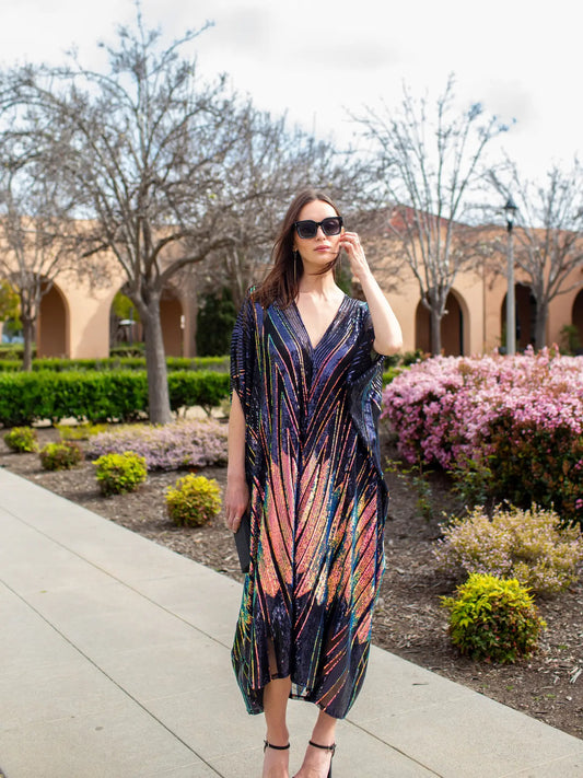 Midnight Lotus Sequin Caftan – One-Size Art Deco Glam