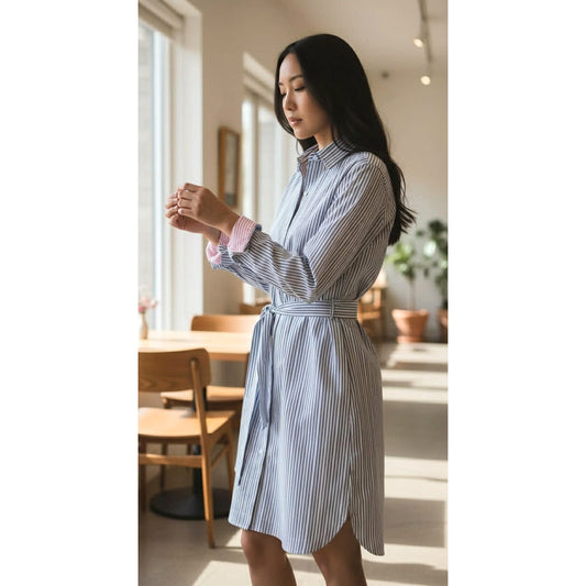Brooks Brothers Blue Pinstripe Cotton Shirtdress with Contrast Cuffs