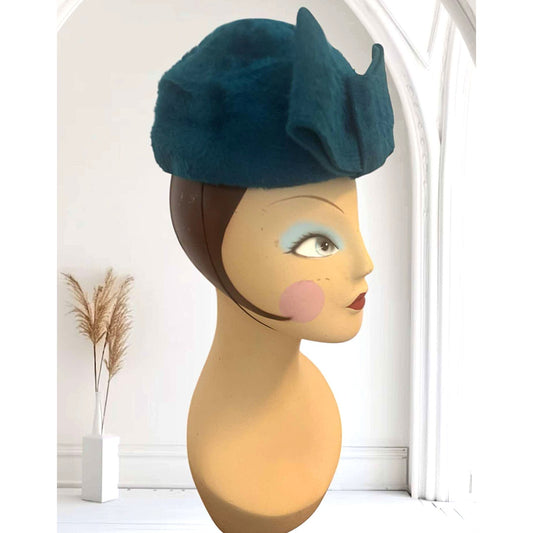 Vintage 1950s Deborah Exclusive Blue Felt Hat Stamped Duchess Body Made in Italy