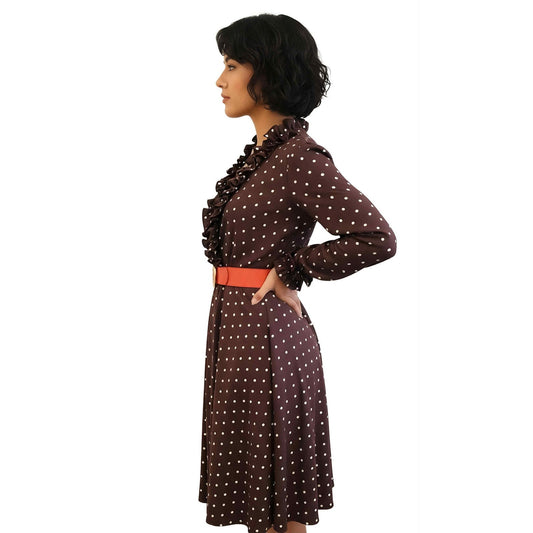 ONLY ONE!!! Vintage 1970s Lady Carol of New York Polka Dot Ruffle Trim Dress ~ Size 12