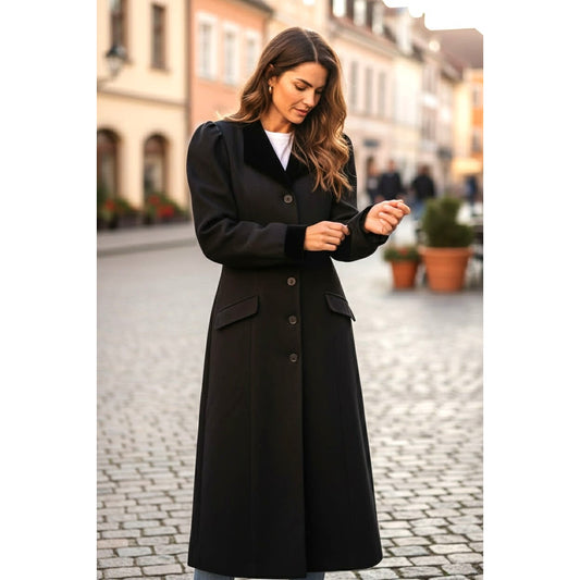 Vintage Laura Ashley Black Wool Velvet Trim Dress / Duster | UK Made