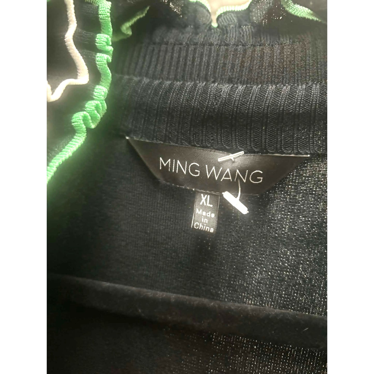 ONLY ONE!!! Ming Wang Black Knit Jacket w/Green White Ribbon Trim ~ Size XL