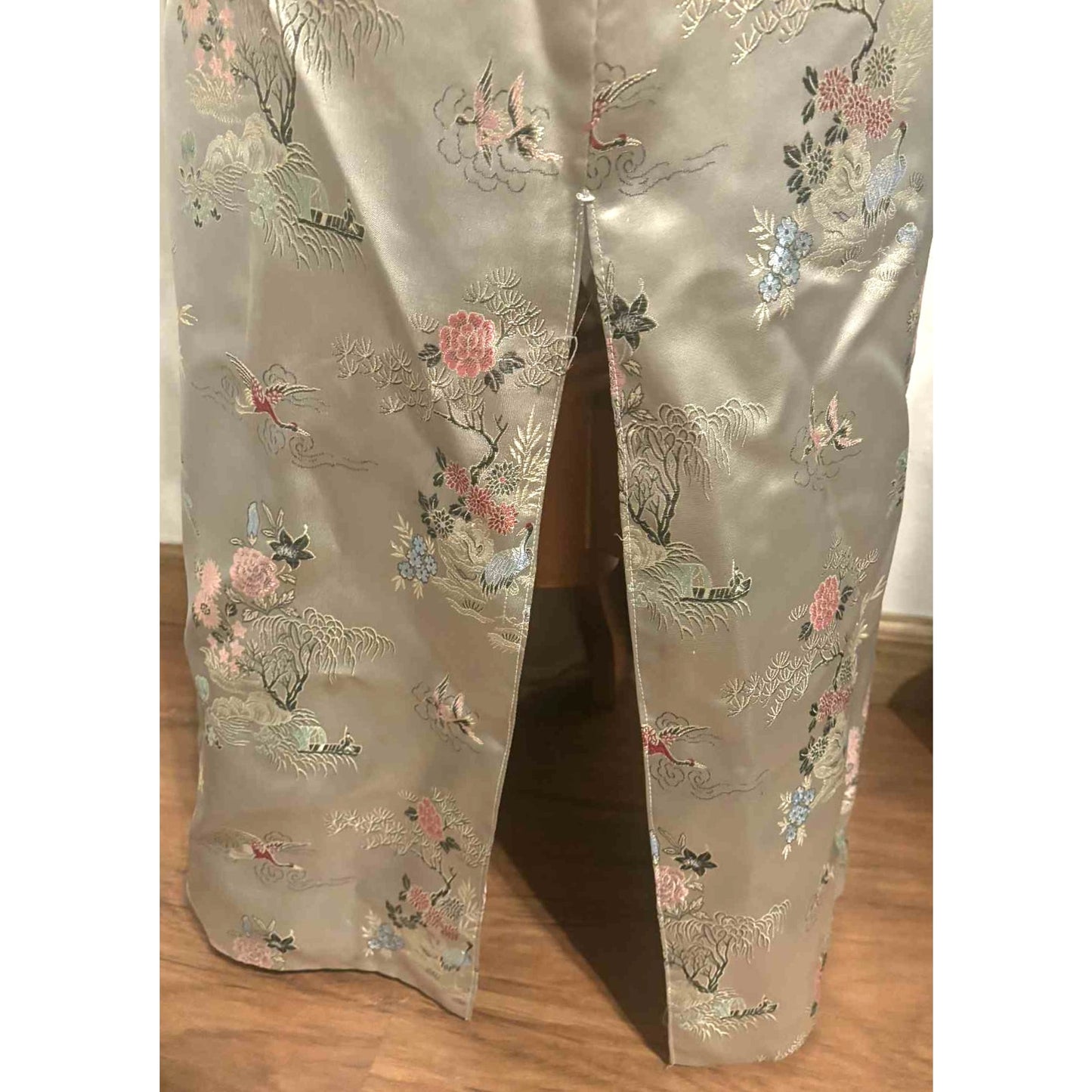 Vtg Gold Asian Satin Brocade Long Cheongsam Robe Jacket Embroidered Floral Sz XL