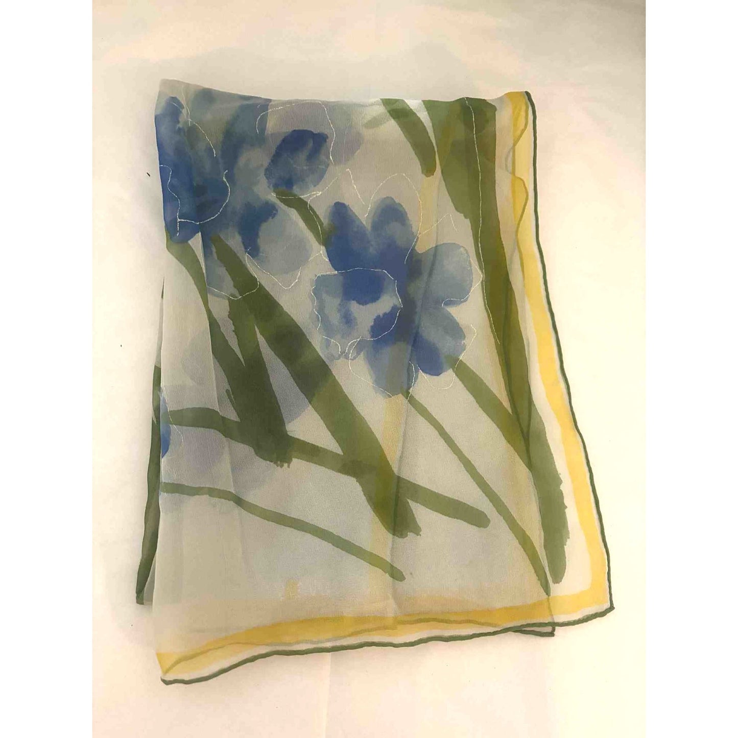 Vintage Vera Neumann Silk Chiffon Scarf Blue Floral Hand Rolled Japan Designer