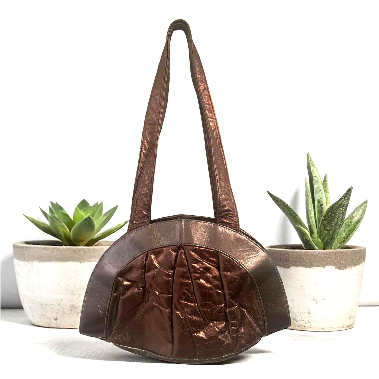 Vintage Genuine Leather Braided Shoulder Bag Metallic Bronze Brown Made in USA