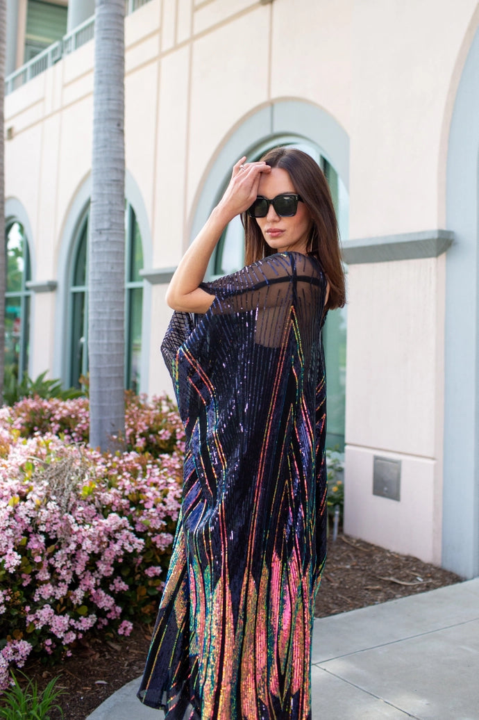 Midnight Lotus Sequin Caftan – One-Size Art Deco Glam