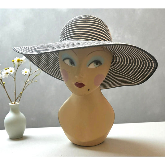 ONLY ONE!!! The Hats Company Filippo Catarzi Italy Black White Stripe Wide Brim Sun Hat EUC!